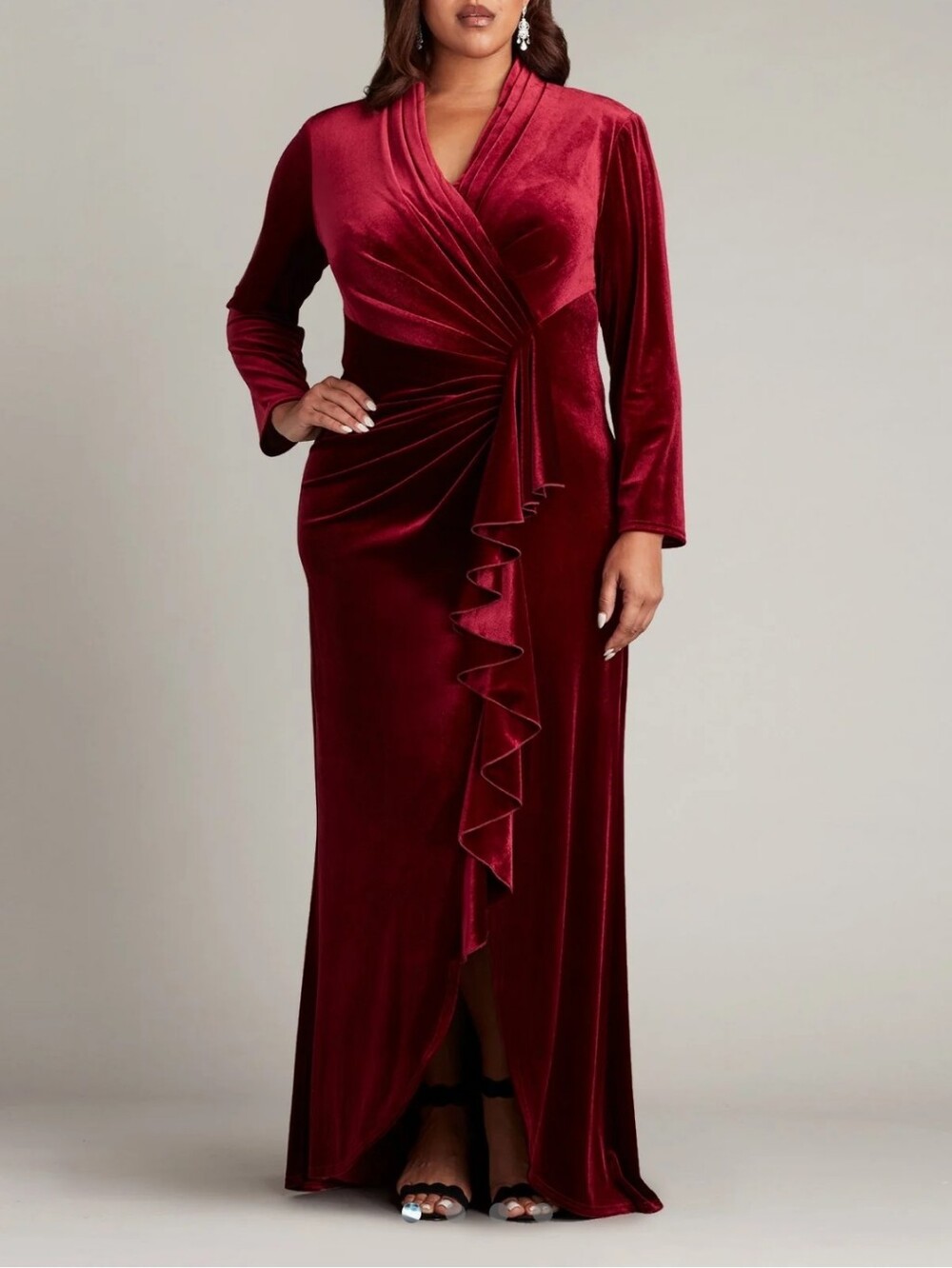 Tadashi Shoji Markum Long-Sleeve Velvet Flounce Gown Pomegranate Large